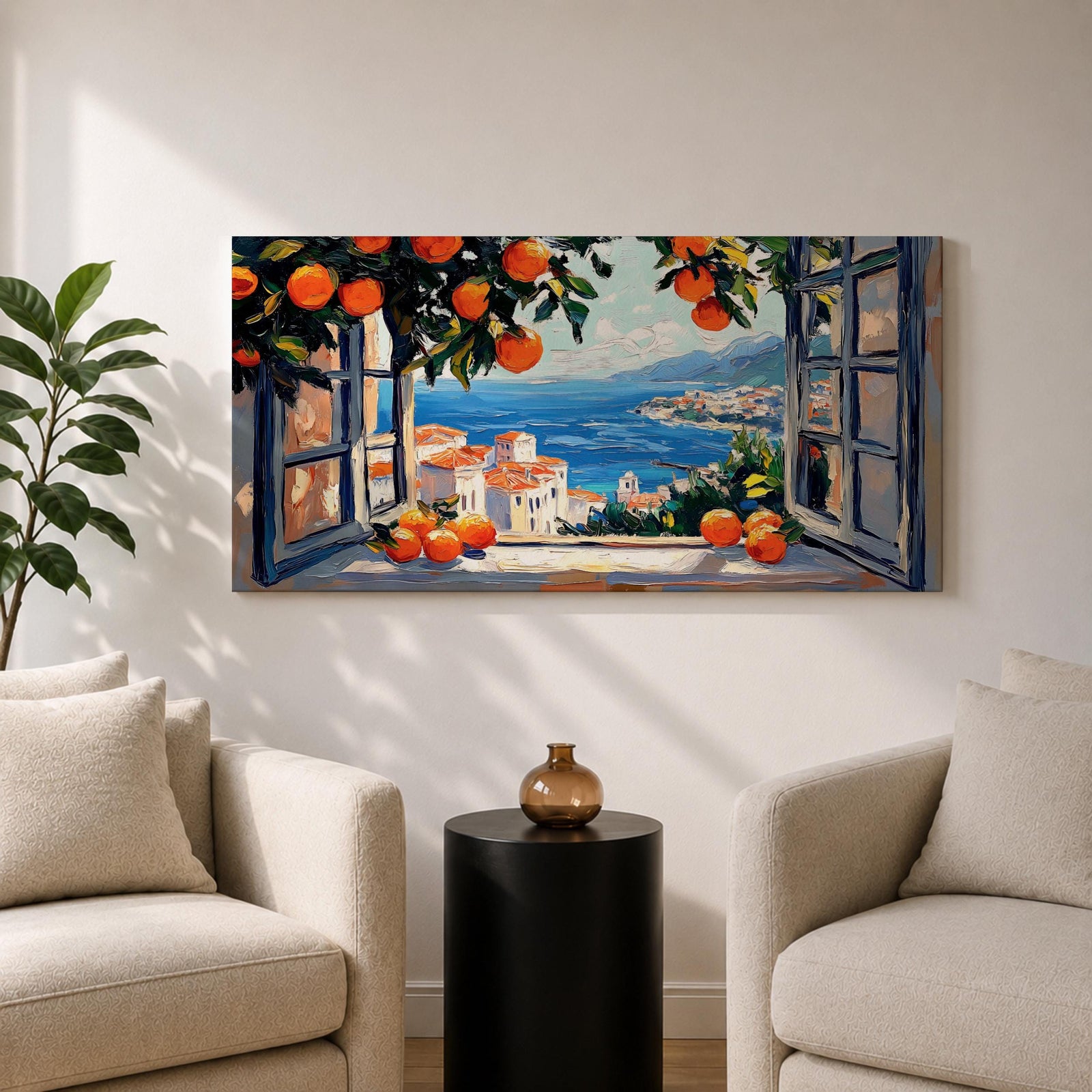 Panoramic painting of an open window overlooking a Mediterranean seaside village with orange trees and blue ocean.