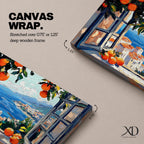 Panoramic painting of an open window overlooking a Mediterranean seaside village with orange trees and blue ocean.