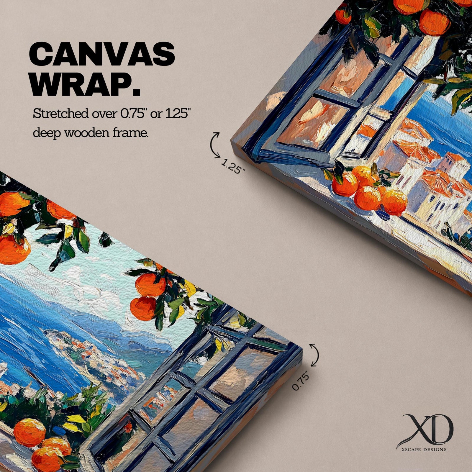 Panoramic painting of an open window overlooking a Mediterranean seaside village with orange trees and blue ocean.