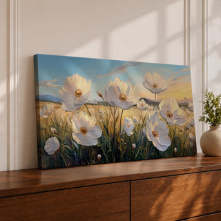 A panoramic painting of white cosmos flowers blooming across a sunlit wildflower meadow with tall green stems and delicate petals glowing in warm evening light. The composition stretches across an open field with distant hills and a soft sky gradient, capturing a botanical landscape with gentle brushstrokes and natural prairie colors.
