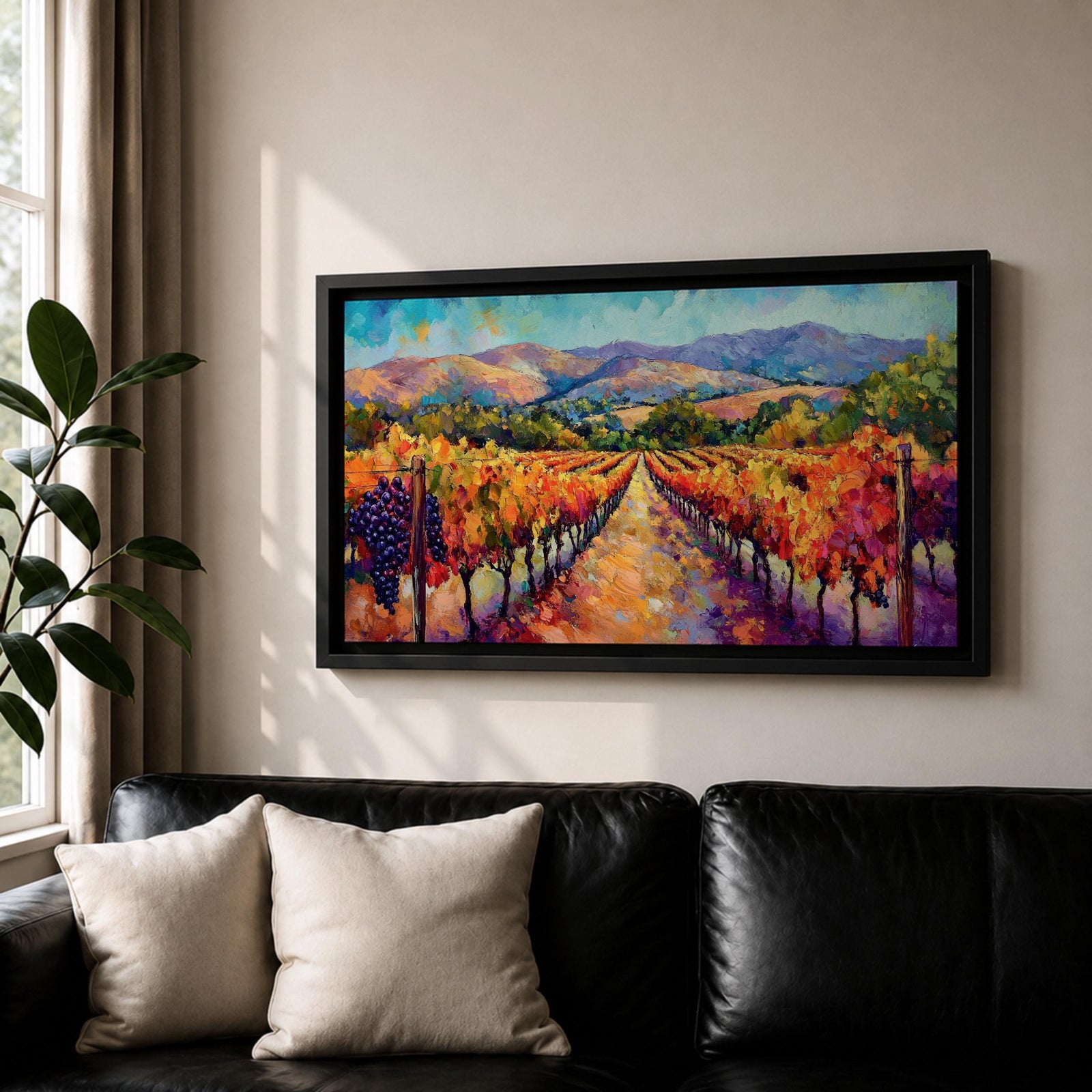A panoramic vineyard landscape painting showing long rows of grapevines covered in red and golden autumn leaves stretching toward distant mountains beneath a bright sky. Purple grape clusters hang beside the vines while a central path leads through the field, capturing a colorful wine country valley with bold impressionist brushstrokes.