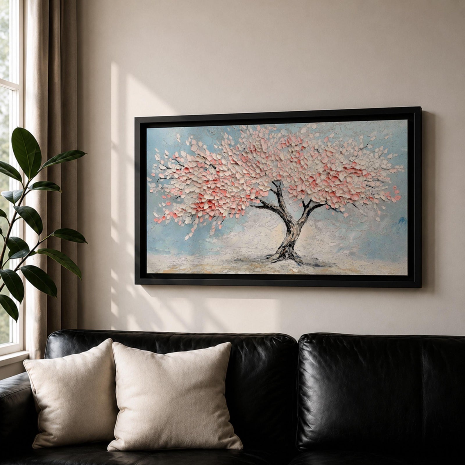 Panoramic textured painting of a cherry blossom tree with a twisting dark trunk and a wide canopy of soft pink blossoms spreading across a pale blue sky. Thick palette knife strokes create layered petals and raised textures, forming a calm spring landscape with delicate floral clusters and gentle pastel tones.