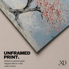 Panoramic textured painting of a cherry blossom tree with a twisting dark trunk and a wide canopy of soft pink blossoms spreading across a pale blue sky. Thick palette knife strokes create layered petals and raised textures, forming a calm spring landscape with delicate floral clusters and gentle pastel tones.