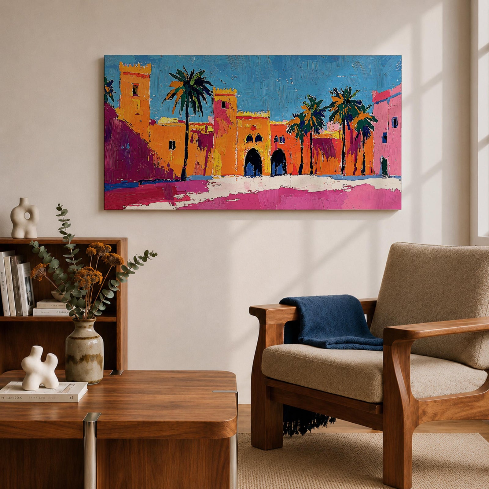 Panoramic painting of a Moroccan kasbah with tall palm trees and arched fortress gates rendered in bold palette knife brushstrokes. Bright orange, pink, and terracotta buildings contrast against a vivid blue sky, capturing the architecture of a Marrakech medina with textured walls and sunlit desert tones.