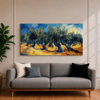 Panoramic painting of Olea europaea olive trees with twisted trunks and dense silvery green foliage growing across a warm Mediterranean grove. Thick expressive brushstrokes and bold contrasts of deep blue sky and golden earth create a post impressionist landscape with rhythmic rows of trees under a glowing sun.