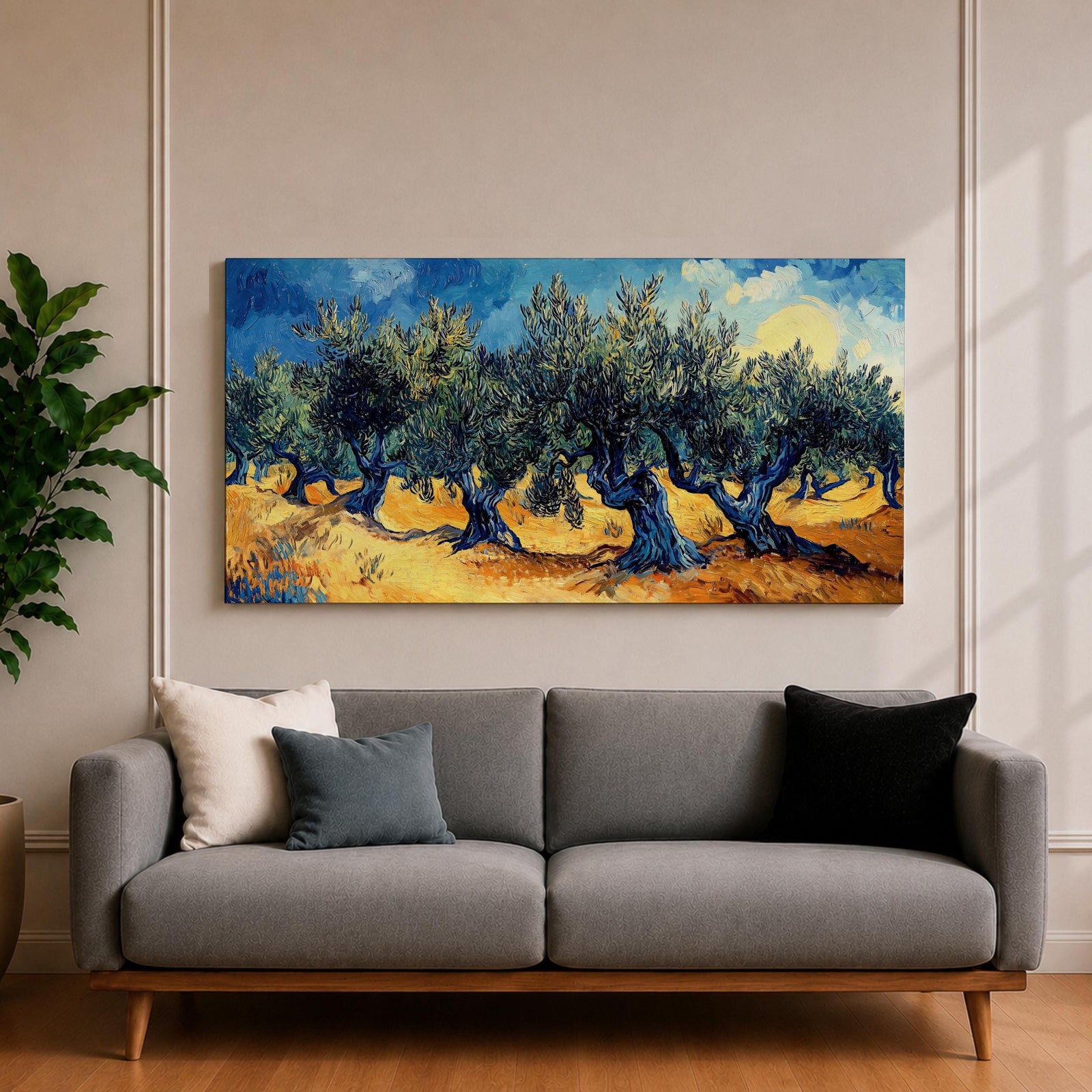 Panoramic painting of Olea europaea olive trees with twisted trunks and dense silvery green foliage growing across a warm Mediterranean grove. Thick expressive brushstrokes and bold contrasts of deep blue sky and golden earth create a post impressionist landscape with rhythmic rows of trees under a glowing sun.