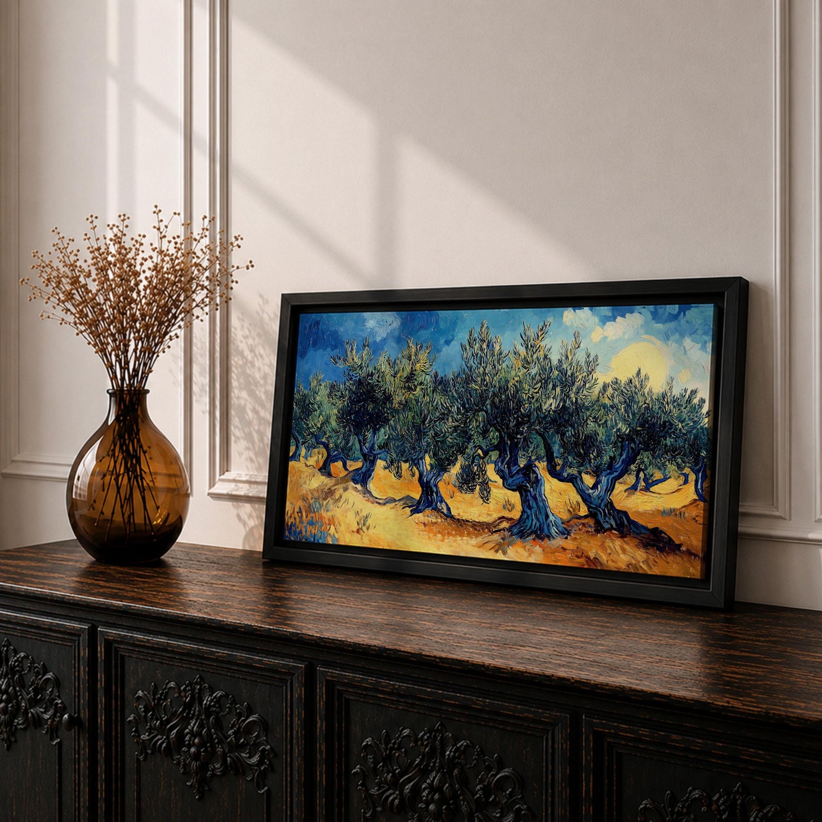Panoramic painting of Olea europaea olive trees with twisted trunks and dense silvery green foliage growing across a warm Mediterranean grove. Thick expressive brushstrokes and bold contrasts of deep blue sky and golden earth create a post impressionist landscape with rhythmic rows of trees under a glowing sun.