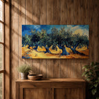 Panoramic painting of Olea europaea olive trees with twisted trunks and dense silvery green foliage growing across a warm Mediterranean grove. Thick expressive brushstrokes and bold contrasts of deep blue sky and golden earth create a post impressionist landscape with rhythmic rows of trees under a glowing sun.