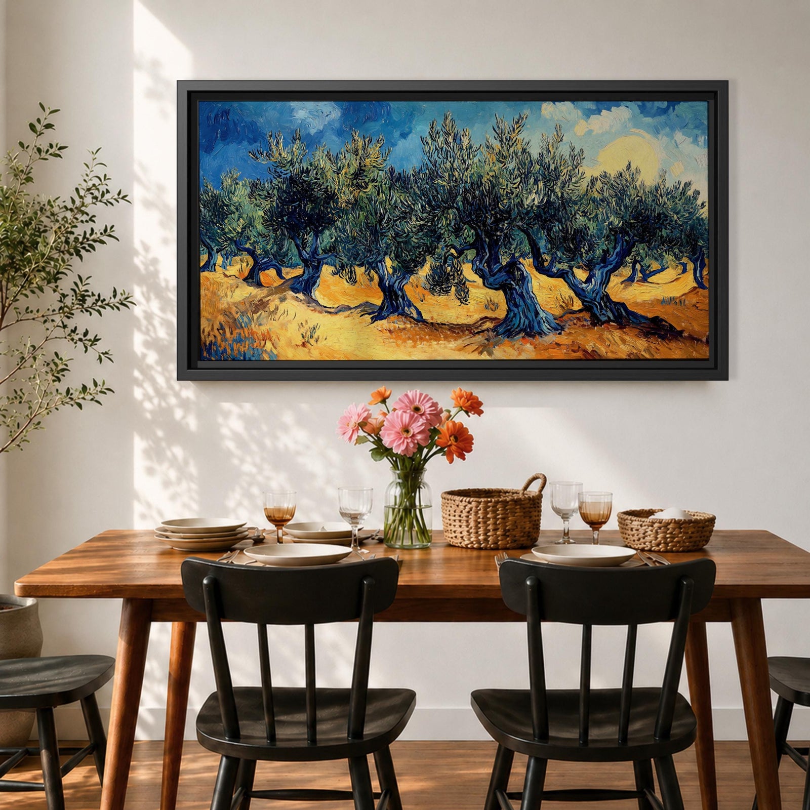 Panoramic painting of Olea europaea olive trees with twisted trunks and dense silvery green foliage growing across a warm Mediterranean grove. Thick expressive brushstrokes and bold contrasts of deep blue sky and golden earth create a post impressionist landscape with rhythmic rows of trees under a glowing sun.