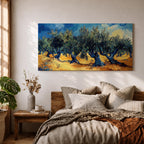 Panoramic painting of Olea europaea olive trees with twisted trunks and dense silvery green foliage growing across a warm Mediterranean grove. Thick expressive brushstrokes and bold contrasts of deep blue sky and golden earth create a post impressionist landscape with rhythmic rows of trees under a glowing sun.