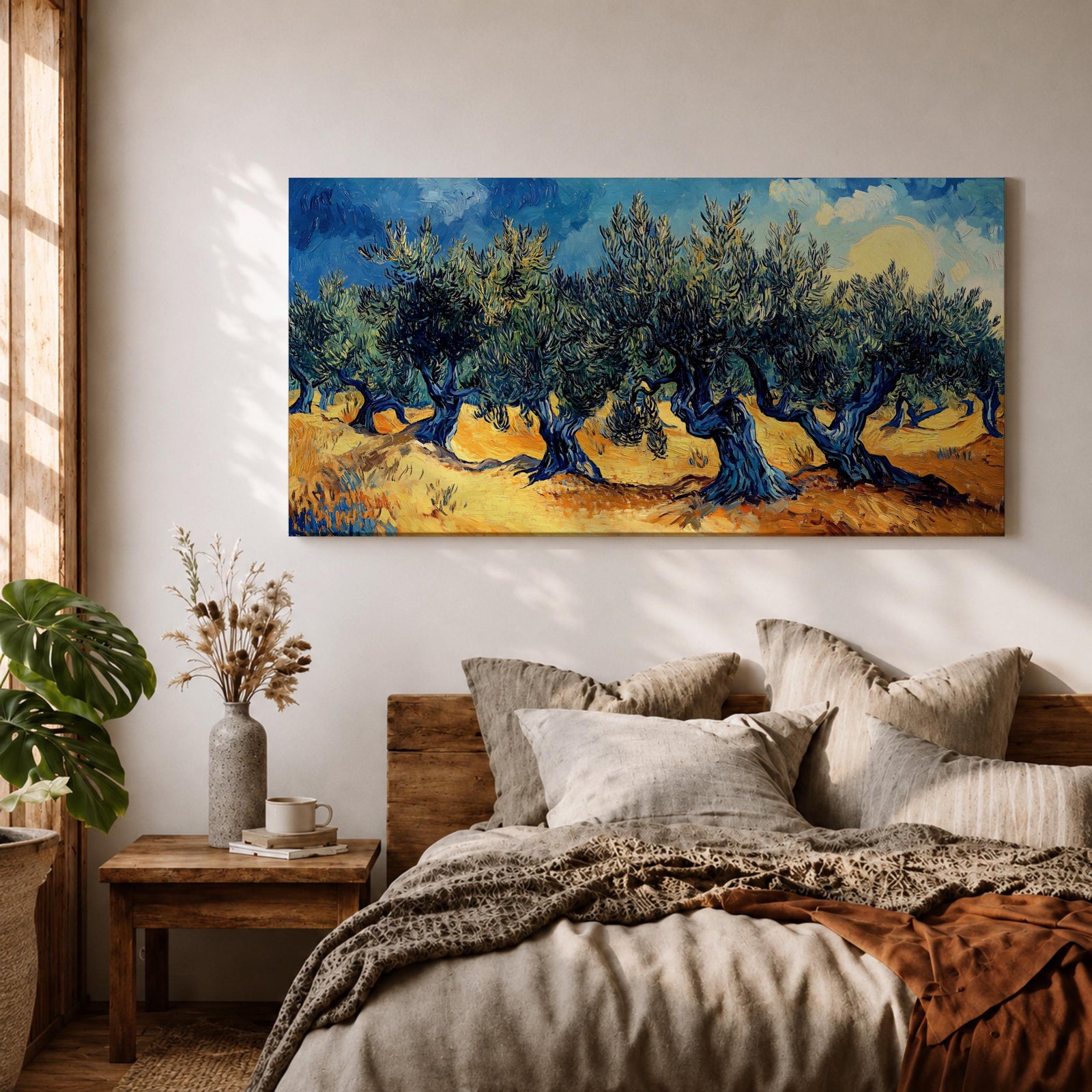 Panoramic painting of Olea europaea olive trees with twisted trunks and dense silvery green foliage growing across a warm Mediterranean grove. Thick expressive brushstrokes and bold contrasts of deep blue sky and golden earth create a post impressionist landscape with rhythmic rows of trees under a glowing sun.