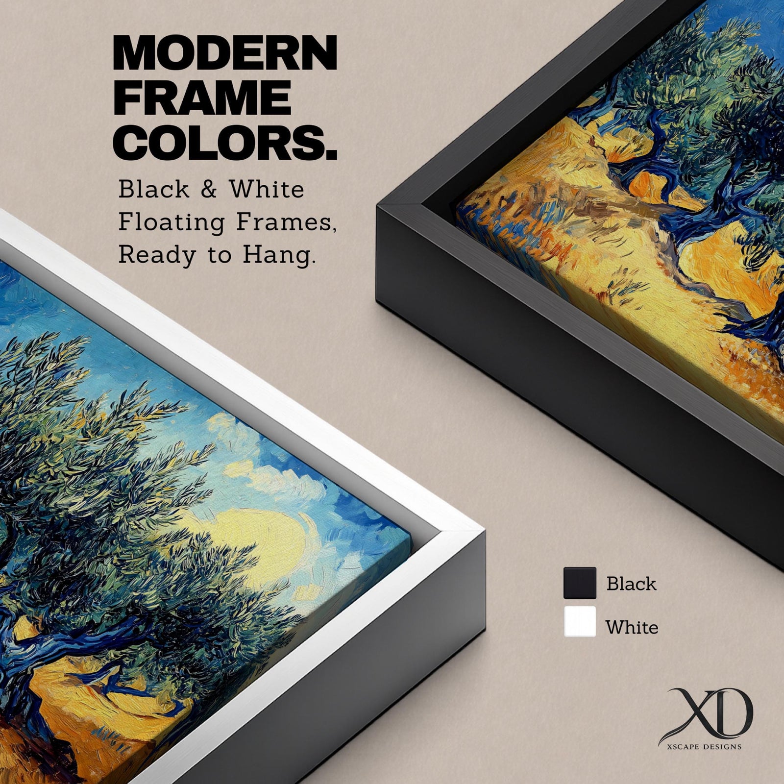 Panoramic painting of Olea europaea olive trees with twisted trunks and dense silvery green foliage growing across a warm Mediterranean grove. Thick expressive brushstrokes and bold contrasts of deep blue sky and golden earth create a post impressionist landscape with rhythmic rows of trees under a glowing sun.