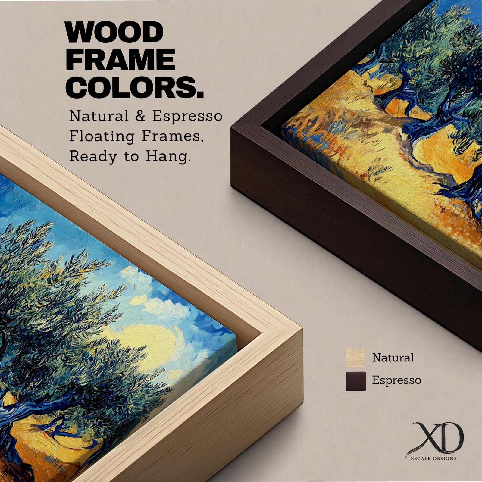 Panoramic painting of Olea europaea olive trees with twisted trunks and dense silvery green foliage growing across a warm Mediterranean grove. Thick expressive brushstrokes and bold contrasts of deep blue sky and golden earth create a post impressionist landscape with rhythmic rows of trees under a glowing sun.