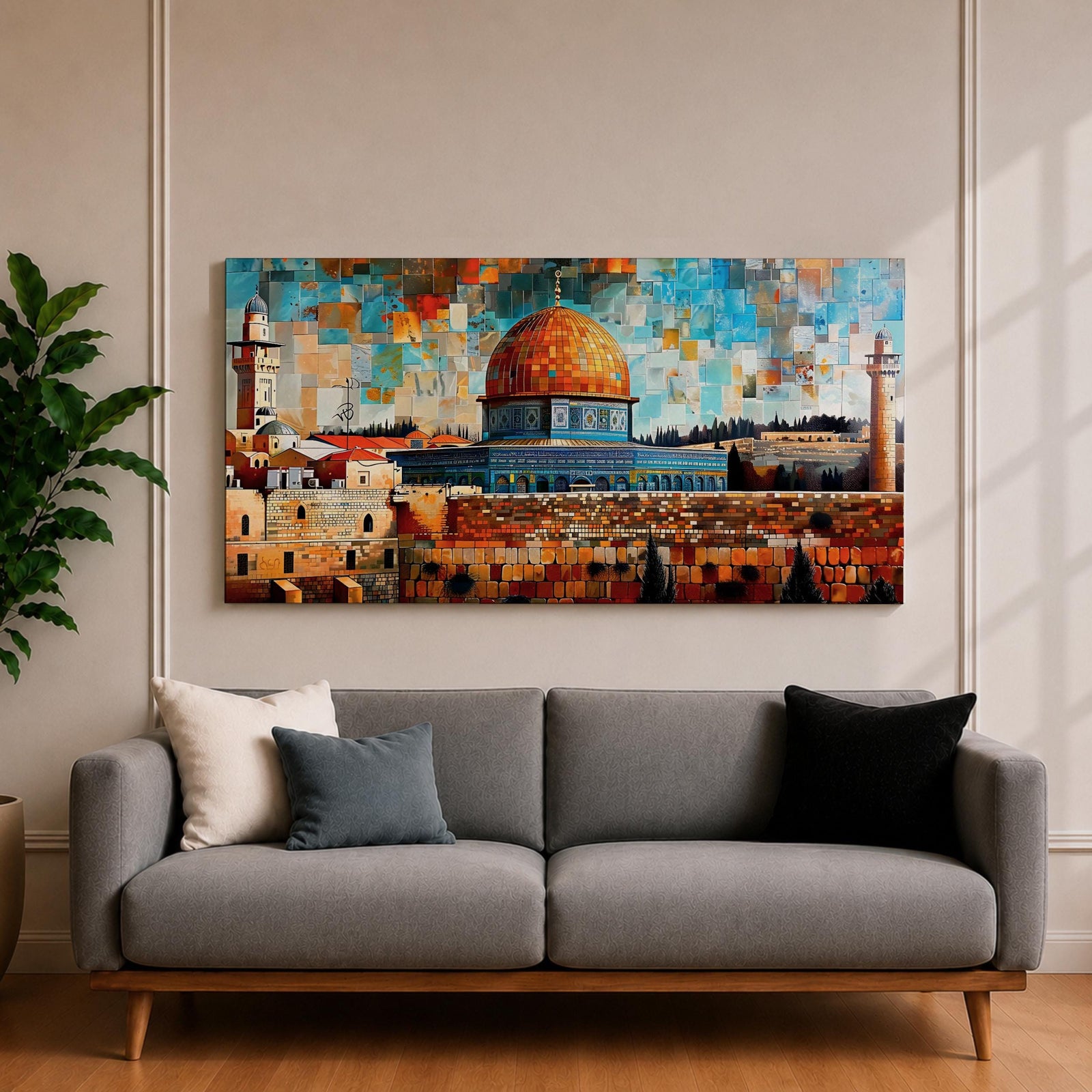 Panoramic mosaic style painting of Masjid Al Aqsa and the Dome of the Rock rising above the historic stone walls of Jerusalem. The golden dome, surrounding mosque structures, and tall minarets appear in layered geometric tiles with warm sandstone tones, deep blues, and turquoise sky fragments forming a vibrant cityscape.