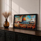 Panoramic mosaic style painting of Masjid Al Aqsa and the Dome of the Rock rising above the historic stone walls of Jerusalem. The golden dome, surrounding mosque structures, and tall minarets appear in layered geometric tiles with warm sandstone tones, deep blues, and turquoise sky fragments forming a vibrant cityscape.