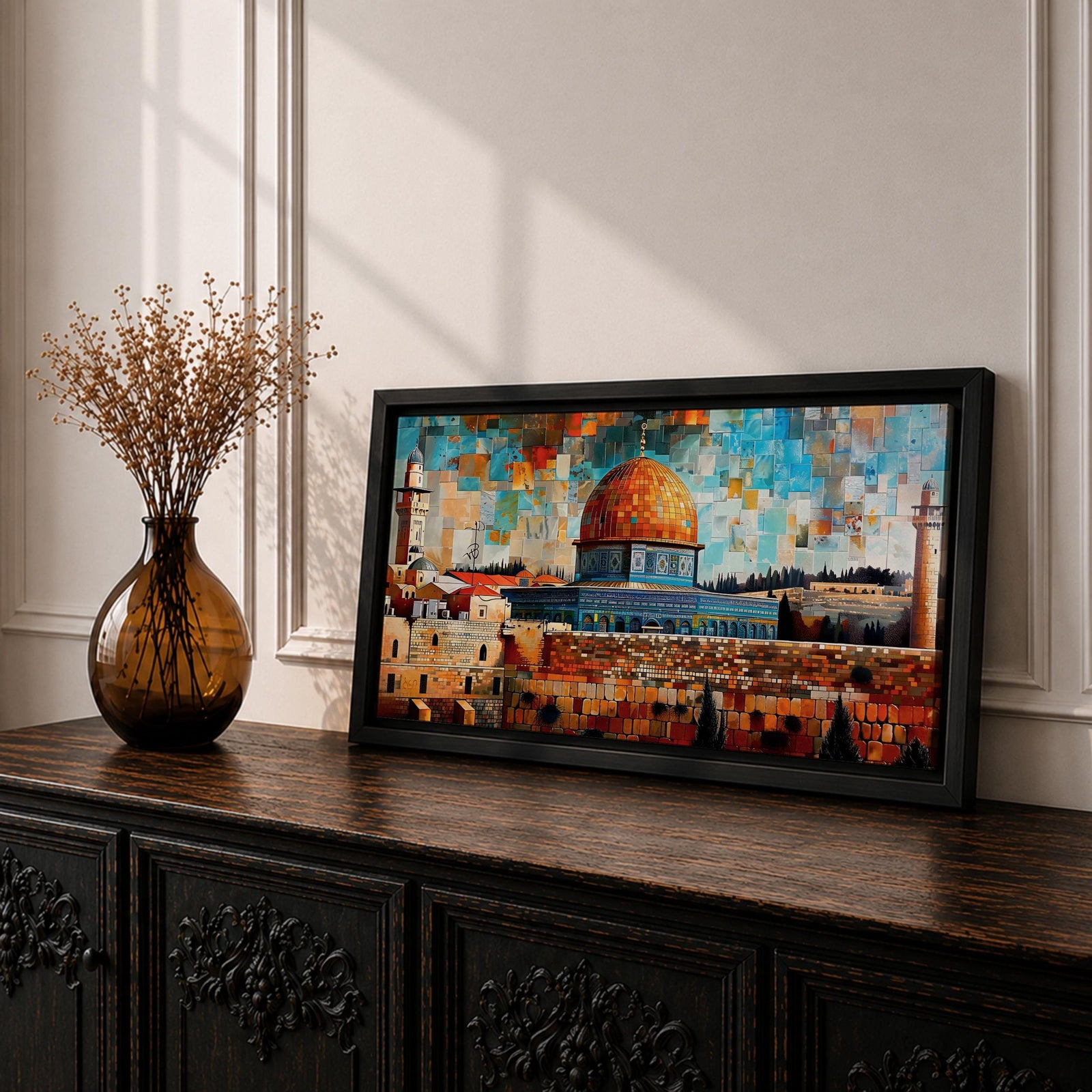 Panoramic mosaic style painting of Masjid Al Aqsa and the Dome of the Rock rising above the historic stone walls of Jerusalem. The golden dome, surrounding mosque structures, and tall minarets appear in layered geometric tiles with warm sandstone tones, deep blues, and turquoise sky fragments forming a vibrant cityscape.