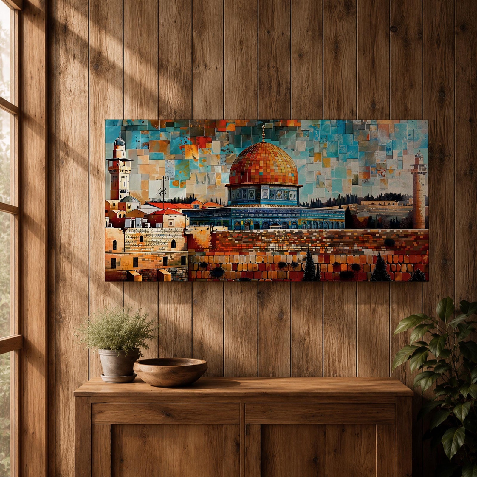 Panoramic mosaic style painting of Masjid Al Aqsa and the Dome of the Rock rising above the historic stone walls of Jerusalem. The golden dome, surrounding mosque structures, and tall minarets appear in layered geometric tiles with warm sandstone tones, deep blues, and turquoise sky fragments forming a vibrant cityscape.