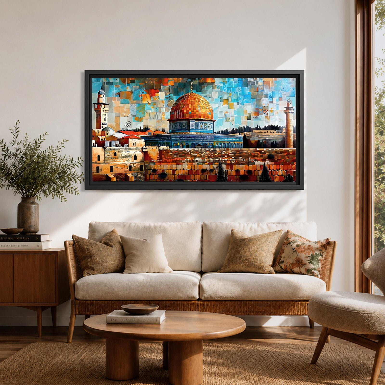 Panoramic mosaic style painting of Masjid Al Aqsa and the Dome of the Rock rising above the historic stone walls of Jerusalem. The golden dome, surrounding mosque structures, and tall minarets appear in layered geometric tiles with warm sandstone tones, deep blues, and turquoise sky fragments forming a vibrant cityscape.