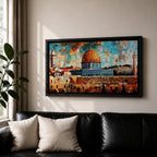 Panoramic mosaic style painting of Masjid Al Aqsa and the Dome of the Rock rising above the historic stone walls of Jerusalem. The golden dome, surrounding mosque structures, and tall minarets appear in layered geometric tiles with warm sandstone tones, deep blues, and turquoise sky fragments forming a vibrant cityscape.