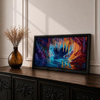 Panoramic painting of a glowing crystal cave with long stalactites hanging from the cavern ceiling above a reflective underground lake. Vibrant colors of deep blue, turquoise, purple, and fiery orange illuminate the rock formations, creating a dramatic fantasy landscape with shimmering reflections across the water.