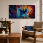 Panoramic painting of a glowing crystal cave with long stalactites hanging from the cavern ceiling above a reflective underground lake. Vibrant colors of deep blue, turquoise, purple, and fiery orange illuminate the rock formations, creating a dramatic fantasy landscape with shimmering reflections across the water.