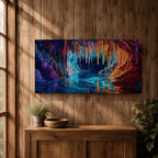 Panoramic painting of a glowing crystal cave with long stalactites hanging from the cavern ceiling above a reflective underground lake. Vibrant colors of deep blue, turquoise, purple, and fiery orange illuminate the rock formations, creating a dramatic fantasy landscape with shimmering reflections across the water.