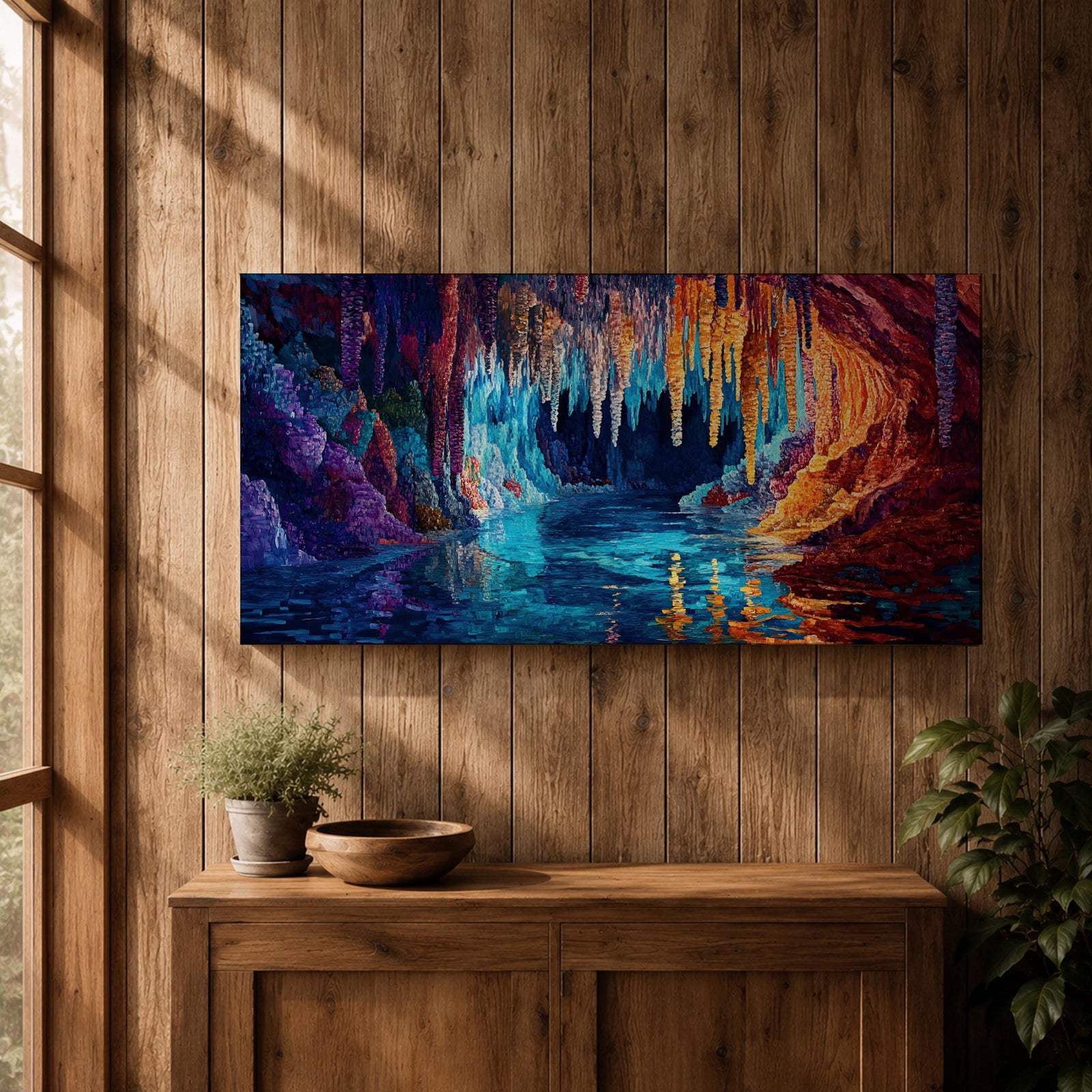 Panoramic painting of a glowing crystal cave with long stalactites hanging from the cavern ceiling above a reflective underground lake. Vibrant colors of deep blue, turquoise, purple, and fiery orange illuminate the rock formations, creating a dramatic fantasy landscape with shimmering reflections across the water.