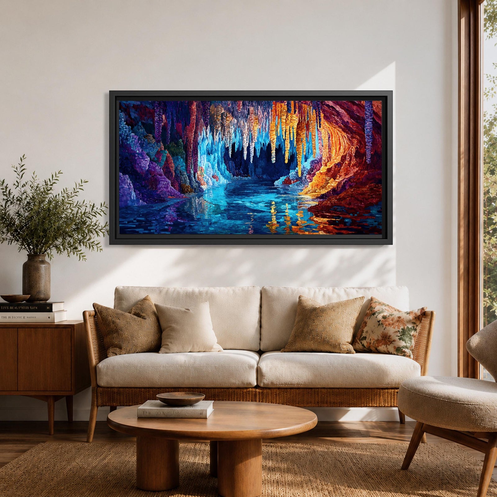 Panoramic painting of a glowing crystal cave with long stalactites hanging from the cavern ceiling above a reflective underground lake. Vibrant colors of deep blue, turquoise, purple, and fiery orange illuminate the rock formations, creating a dramatic fantasy landscape with shimmering reflections across the water.