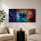 Panoramic painting of a glowing crystal cave with long stalactites hanging from the cavern ceiling above a reflective underground lake. Vibrant colors of deep blue, turquoise, purple, and fiery orange illuminate the rock formations, creating a dramatic fantasy landscape with shimmering reflections across the water.
