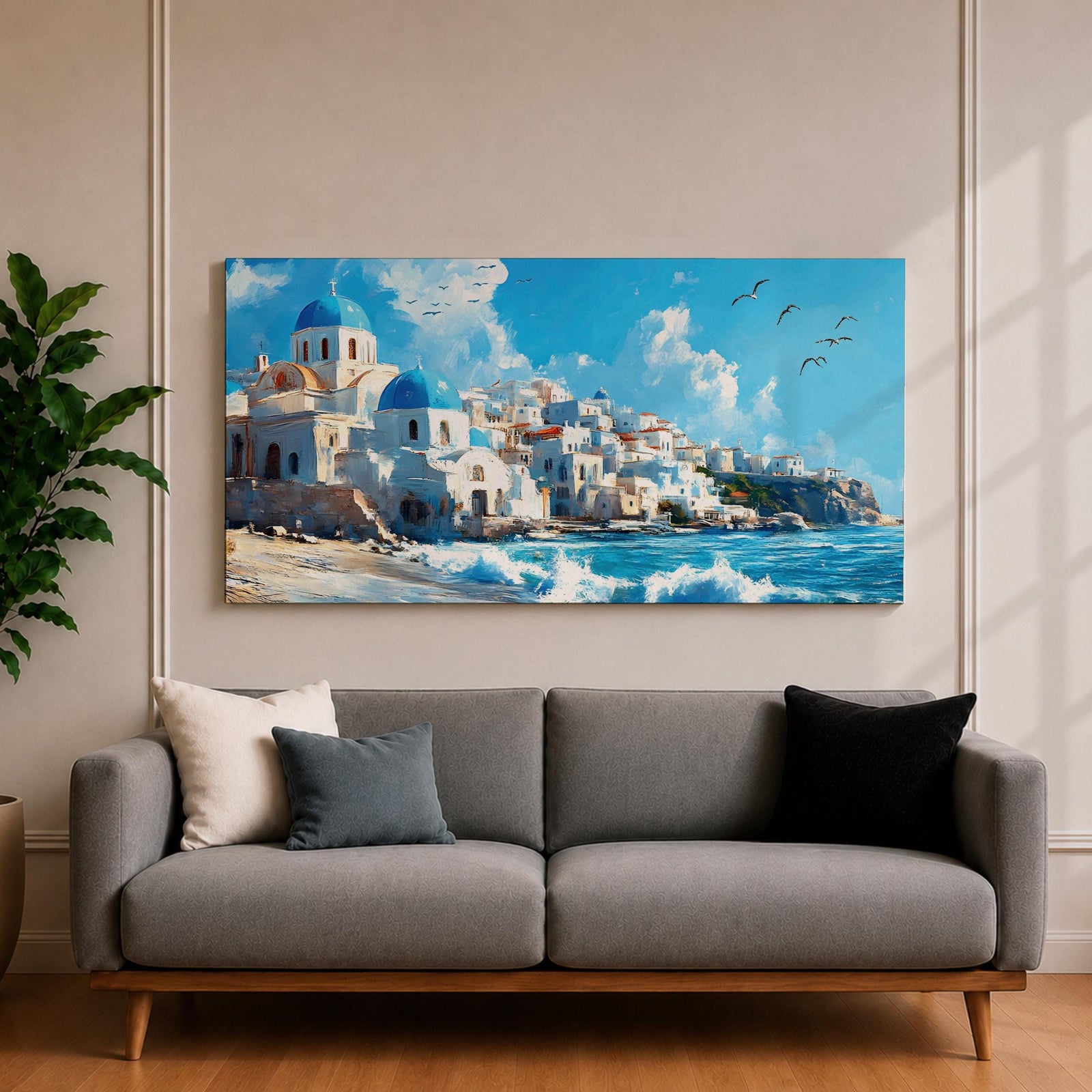 Panoramic painting of Santorini’s coastal village with whitewashed houses and blue domed churches overlooking the Aegean Sea. Waves crash along the shoreline beneath sunlit buildings stacked across the hillside, while seabirds glide through a bright blue sky with soft clouds above the Mediterranean landscape.