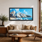 Panoramic painting of Santorini’s coastal village with whitewashed houses and blue domed churches overlooking the Aegean Sea. Waves crash along the shoreline beneath sunlit buildings stacked across the hillside, while seabirds glide through a bright blue sky with soft clouds above the Mediterranean landscape.