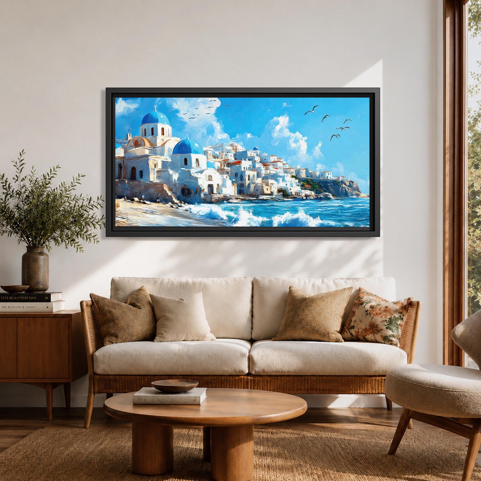 Panoramic painting of Santorini’s coastal village with whitewashed houses and blue domed churches overlooking the Aegean Sea. Waves crash along the shoreline beneath sunlit buildings stacked across the hillside, while seabirds glide through a bright blue sky with soft clouds above the Mediterranean landscape.