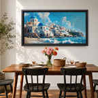 Panoramic painting of Santorini’s coastal village with whitewashed houses and blue domed churches overlooking the Aegean Sea. Waves crash along the shoreline beneath sunlit buildings stacked across the hillside, while seabirds glide through a bright blue sky with soft clouds above the Mediterranean landscape.