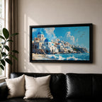 Panoramic painting of Santorini’s coastal village with whitewashed houses and blue domed churches overlooking the Aegean Sea. Waves crash along the shoreline beneath sunlit buildings stacked across the hillside, while seabirds glide through a bright blue sky with soft clouds above the Mediterranean landscape.