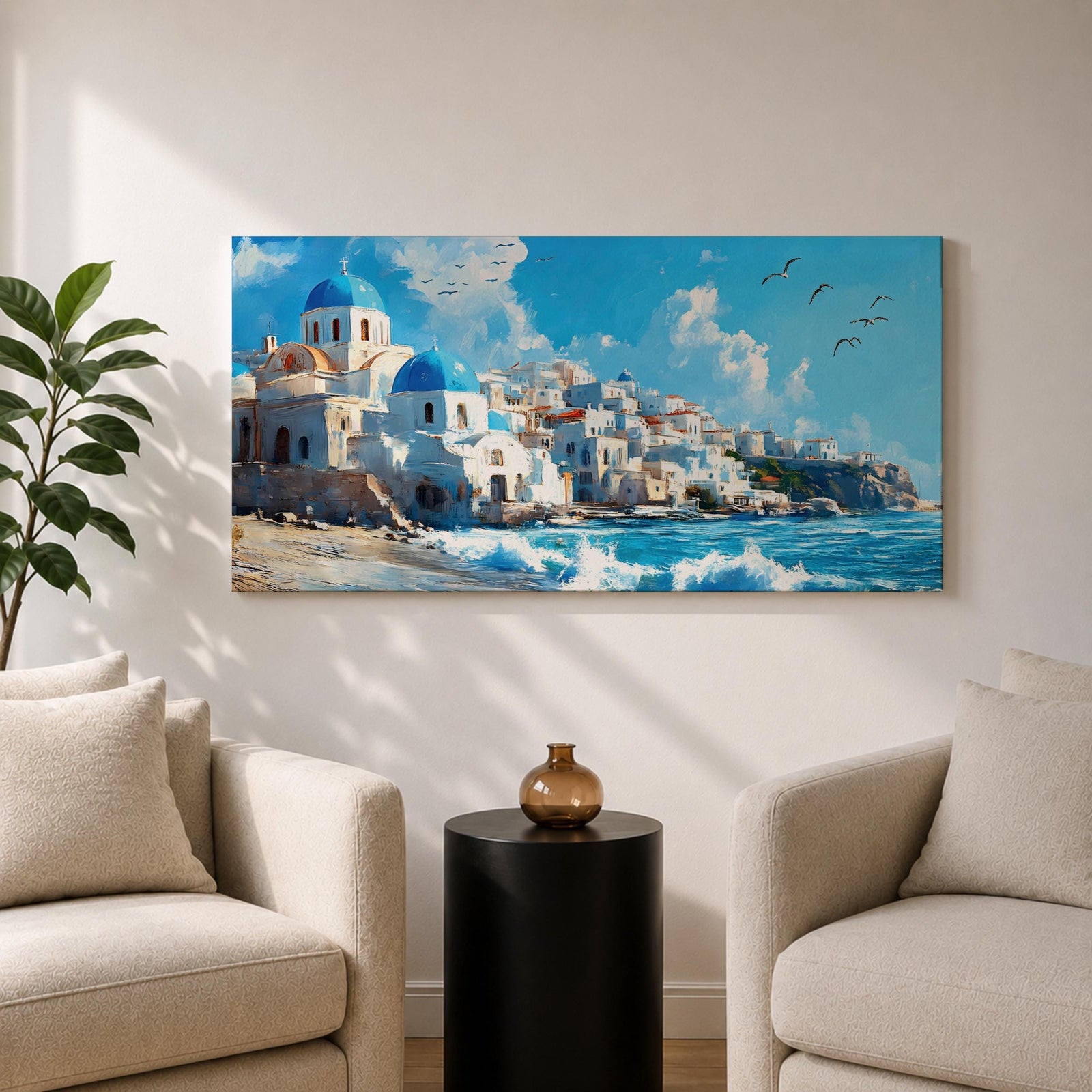 Panoramic painting of Santorini’s coastal village with whitewashed houses and blue domed churches overlooking the Aegean Sea. Waves crash along the shoreline beneath sunlit buildings stacked across the hillside, while seabirds glide through a bright blue sky with soft clouds above the Mediterranean landscape.