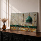Panoramic mosaic style painting of Masjid Nabawi featuring the iconic green dome rising above stone walls and mosque architecture in Medina. Small tile like textures form the dome, minarets, and courtyard walls with earthy gold, beige, and green tones creating a detailed Islamic architectural scene.