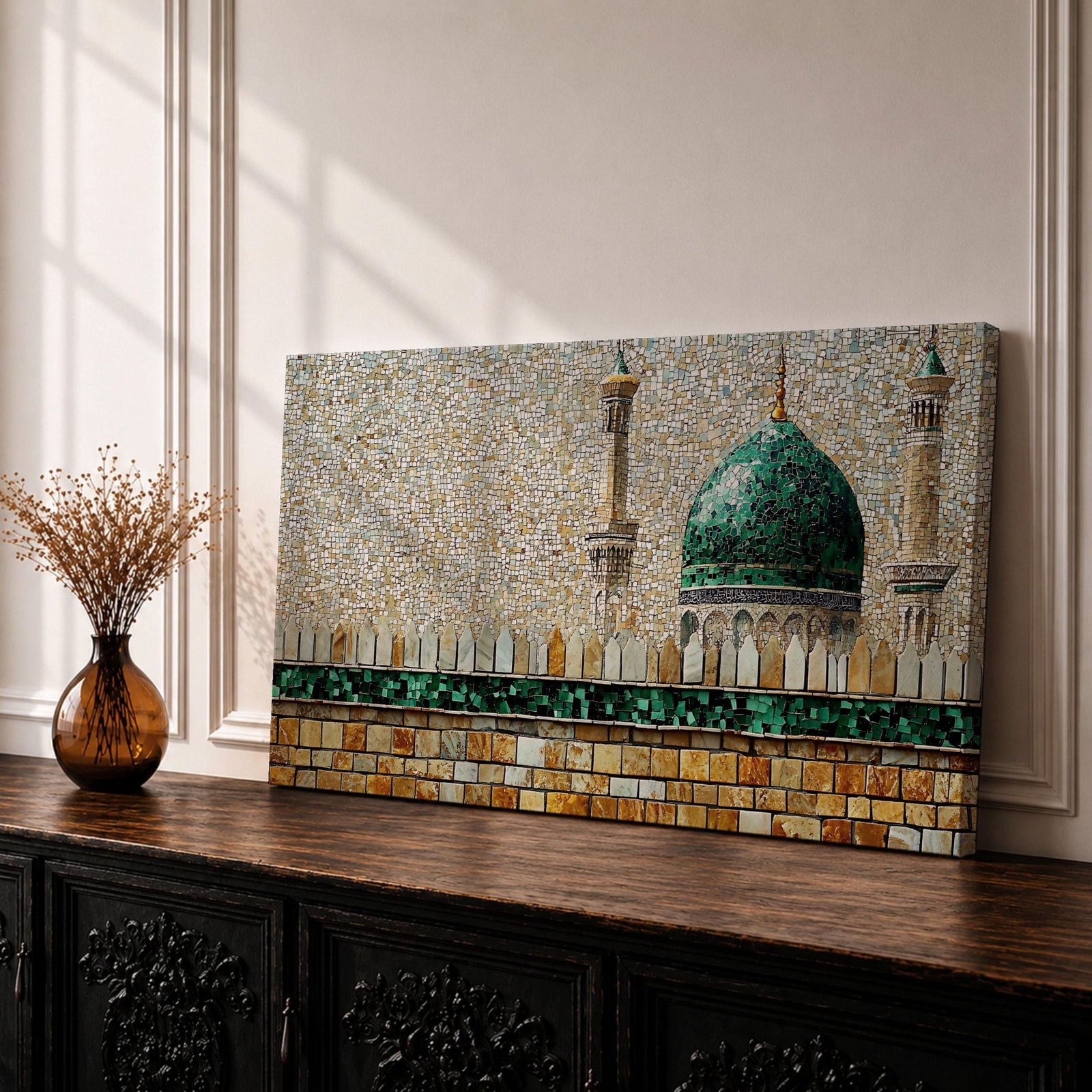 Panoramic mosaic style painting of Masjid Nabawi featuring the iconic green dome rising above stone walls and mosque architecture in Medina. Small tile like textures form the dome, minarets, and courtyard walls with earthy gold, beige, and green tones creating a detailed Islamic architectural scene.