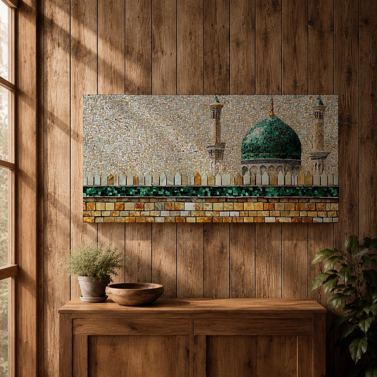 Panoramic mosaic style painting of Masjid Nabawi featuring the iconic green dome rising above stone walls and mosque architecture in Medina. Small tile like textures form the dome, minarets, and courtyard walls with earthy gold, beige, and green tones creating a detailed Islamic architectural scene.