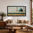 Panoramic mosaic style painting of Masjid Nabawi featuring the iconic green dome rising above stone walls and mosque architecture in Medina. Small tile like textures form the dome, minarets, and courtyard walls with earthy gold, beige, and green tones creating a detailed Islamic architectural scene.