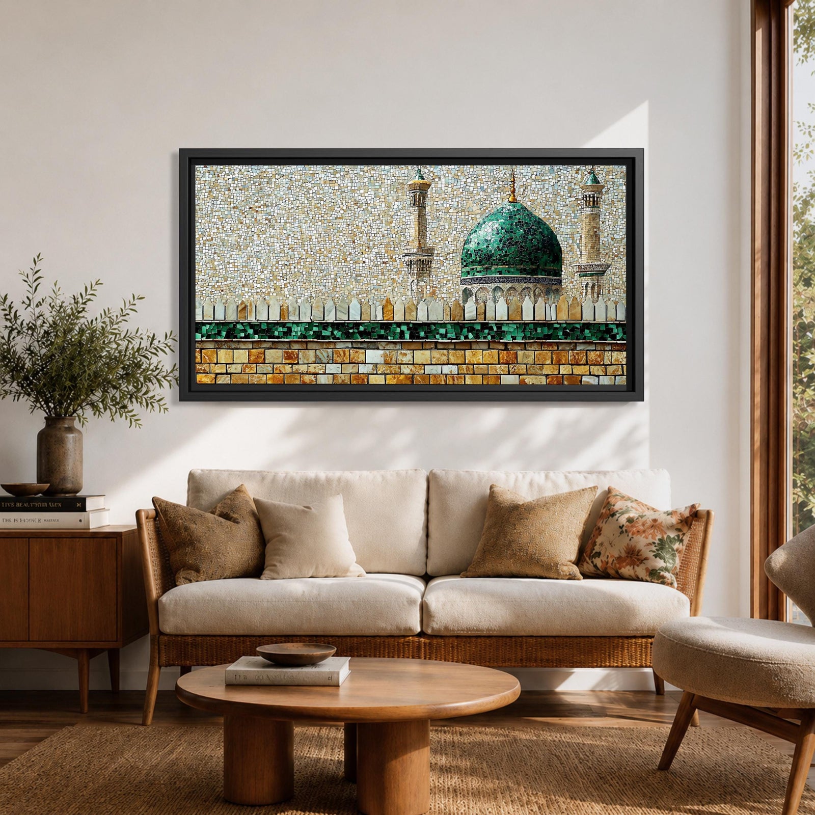 Panoramic mosaic style painting of Masjid Nabawi featuring the iconic green dome rising above stone walls and mosque architecture in Medina. Small tile like textures form the dome, minarets, and courtyard walls with earthy gold, beige, and green tones creating a detailed Islamic architectural scene.