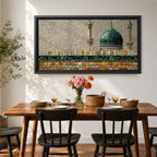 Panoramic mosaic style painting of Masjid Nabawi featuring the iconic green dome rising above stone walls and mosque architecture in Medina. Small tile like textures form the dome, minarets, and courtyard walls with earthy gold, beige, and green tones creating a detailed Islamic architectural scene.