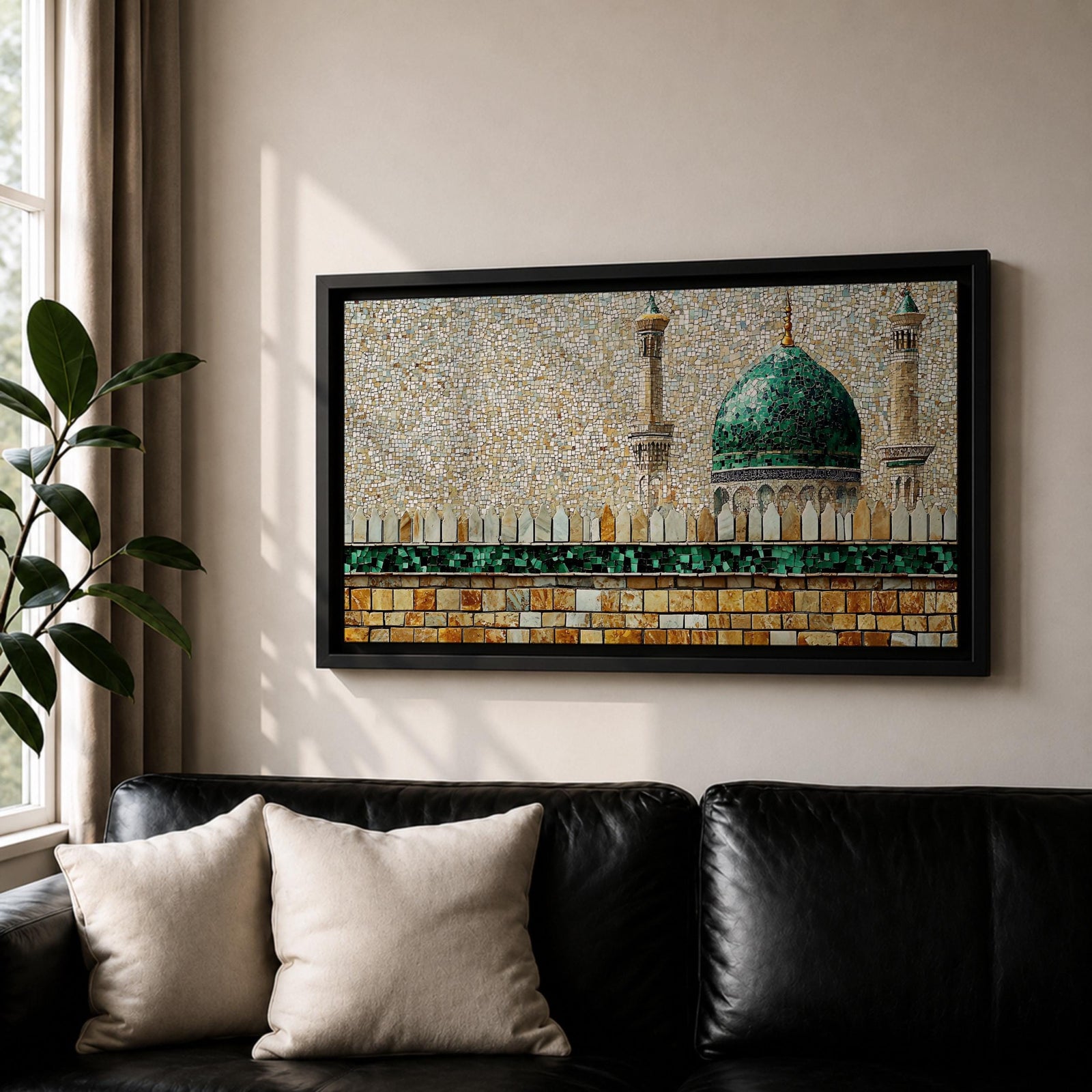 Panoramic mosaic style painting of Masjid Nabawi featuring the iconic green dome rising above stone walls and mosque architecture in Medina. Small tile like textures form the dome, minarets, and courtyard walls with earthy gold, beige, and green tones creating a detailed Islamic architectural scene.