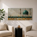 Panoramic mosaic style painting of Masjid Nabawi featuring the iconic green dome rising above stone walls and mosque architecture in Medina. Small tile like textures form the dome, minarets, and courtyard walls with earthy gold, beige, and green tones creating a detailed Islamic architectural scene.