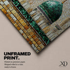 Panoramic mosaic style painting of Masjid Nabawi featuring the iconic green dome rising above stone walls and mosque architecture in Medina. Small tile like textures form the dome, minarets, and courtyard walls with earthy gold, beige, and green tones creating a detailed Islamic architectural scene.