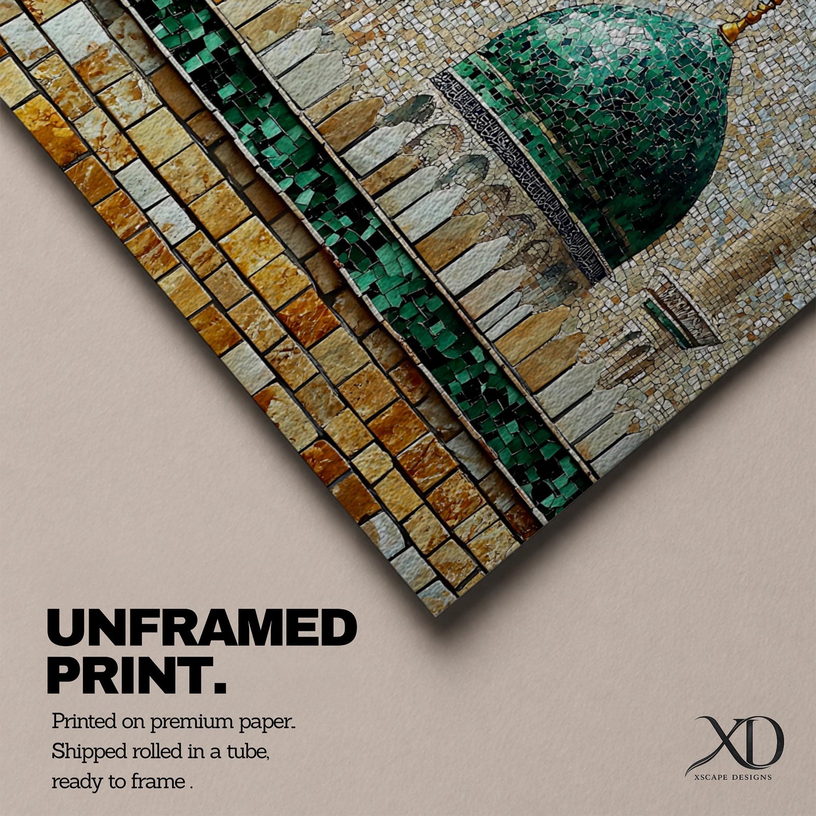 Panoramic mosaic style painting of Masjid Nabawi featuring the iconic green dome rising above stone walls and mosque architecture in Medina. Small tile like textures form the dome, minarets, and courtyard walls with earthy gold, beige, and green tones creating a detailed Islamic architectural scene.
