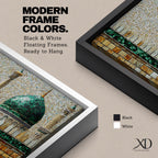 Panoramic mosaic style painting of Masjid Nabawi featuring the iconic green dome rising above stone walls and mosque architecture in Medina. Small tile like textures form the dome, minarets, and courtyard walls with earthy gold, beige, and green tones creating a detailed Islamic architectural scene.