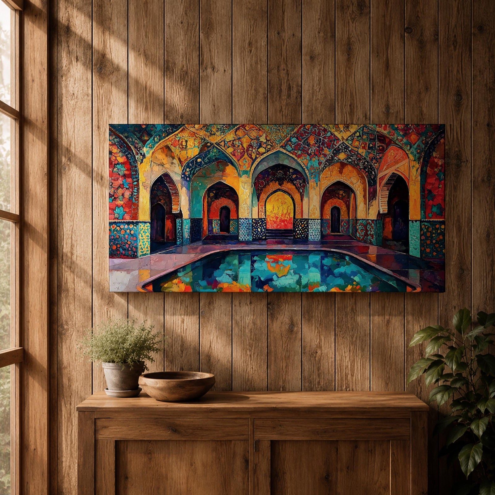 Panoramic painting of a Persian mosque courtyard with pointed arches, intricate geometric tile patterns, and a reflective central pool. Rich turquoise, gold, red, and deep blue mosaics cover the vaulted walls and ceilings, forming a symmetrical Islamic architectural scene with layered archways and glowing interior light.