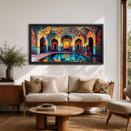 Panoramic painting of a Persian mosque courtyard with pointed arches, intricate geometric tile patterns, and a reflective central pool. Rich turquoise, gold, red, and deep blue mosaics cover the vaulted walls and ceilings, forming a symmetrical Islamic architectural scene with layered archways and glowing interior light.