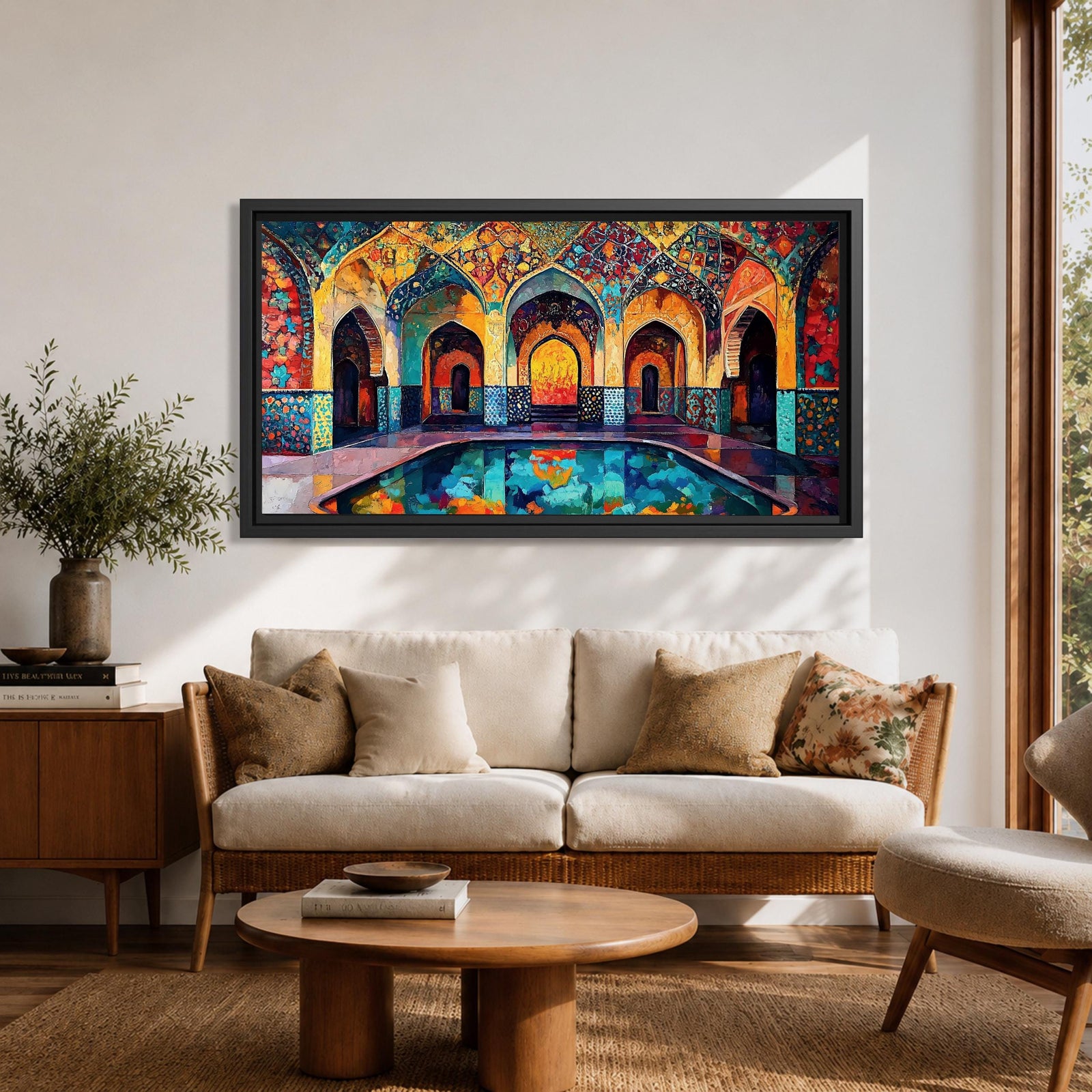 Panoramic painting of a Persian mosque courtyard with pointed arches, intricate geometric tile patterns, and a reflective central pool. Rich turquoise, gold, red, and deep blue mosaics cover the vaulted walls and ceilings, forming a symmetrical Islamic architectural scene with layered archways and glowing interior light.