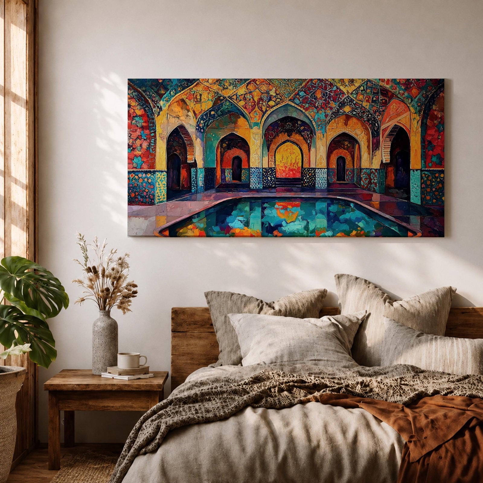 Panoramic painting of a Persian mosque courtyard with pointed arches, intricate geometric tile patterns, and a reflective central pool. Rich turquoise, gold, red, and deep blue mosaics cover the vaulted walls and ceilings, forming a symmetrical Islamic architectural scene with layered archways and glowing interior light.